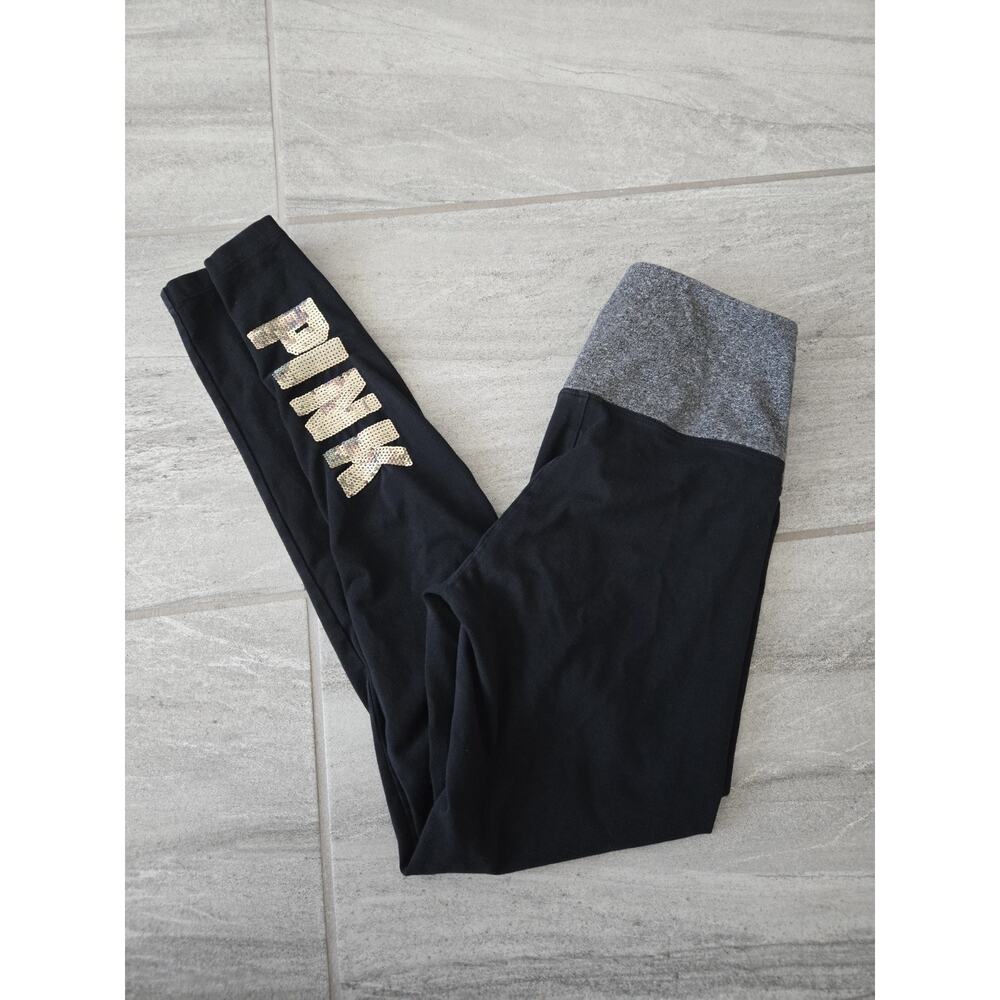Victoria Secret PINK Leggings Gray Black Gold Sequin Bling Logo Pants Size S - Picture 11 of 11